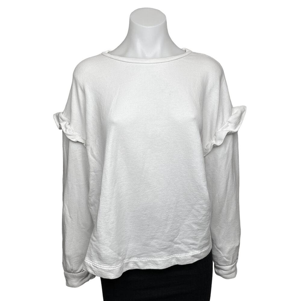 LOFT White Ruffle Long Sleeve Oversized Crew Neck Pullover Sweatshirt Top Size L